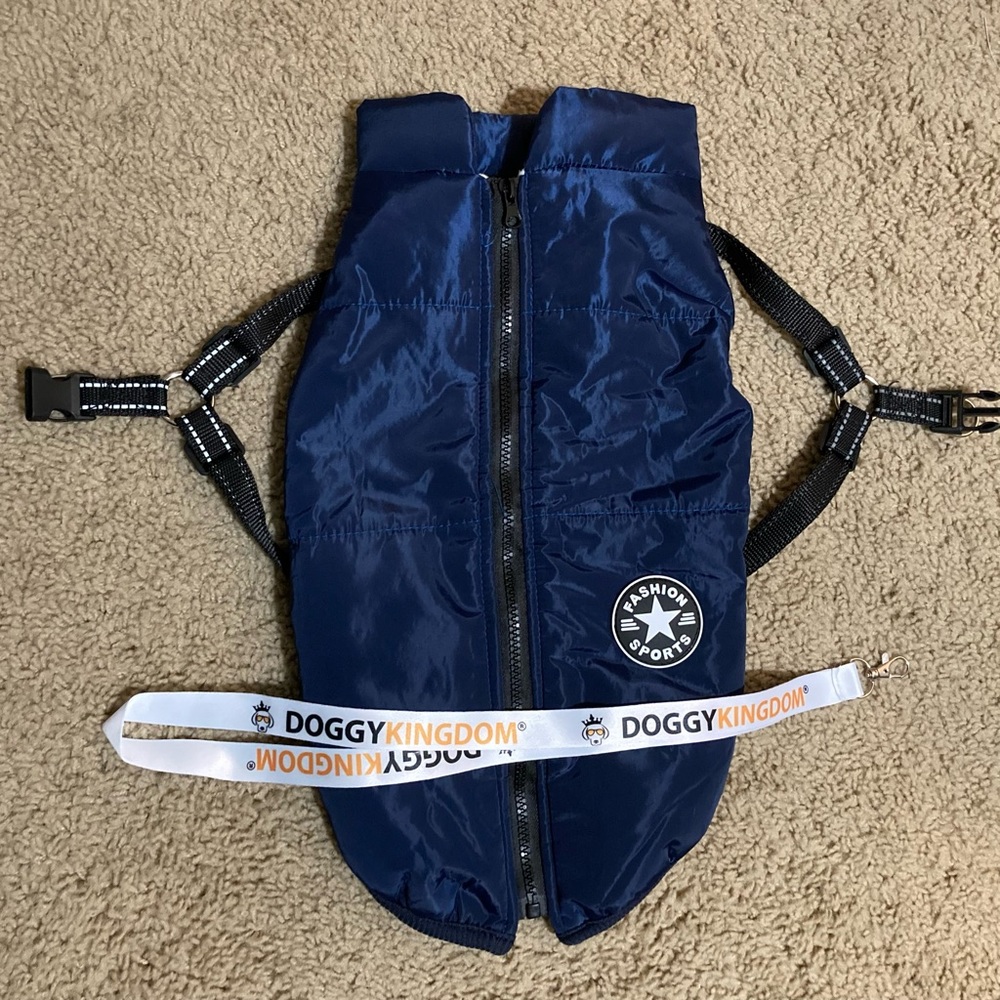 PawRoll dog puffer vest jacket, Large blue water resistant harness lined - Picture 5 of 13